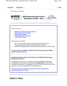 Editor's Note IEEE Nanotechnology Council Newsletter - October 2018 Page 2 of 18