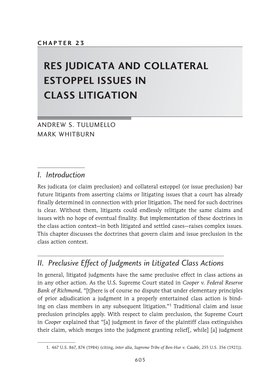 Res Judicata and Collateral Estoppel Issues in Class Litigation