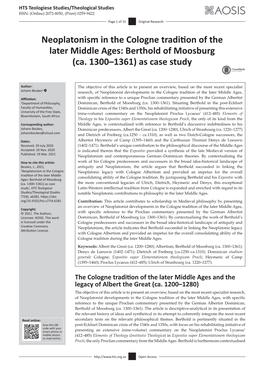 Neoplatonism in the Cologne Tradition of the Later Middle Ages: Berthold of Moosburg (Ca. 1300–1361) As Case Study