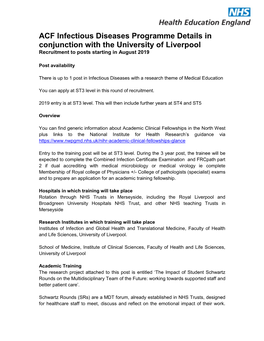 ACF Infectious Diseases Programme Details in Conjunction with the University of Liverpool Recruitment to Posts Starting in August 2019