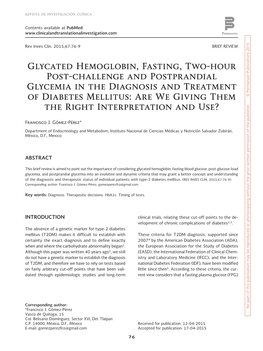 Glycated Hemoglobin, Fasting, Two-Hour Post-Challenge and Postprandial Glycemia in the Diagnosis and Treatment © Permanyer Publications 2015