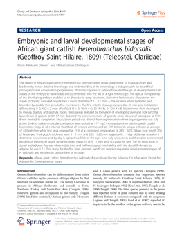 Embryonic and Larval Developmental Stages of African Giant Catfish Heterobranchus Bidorsalis (Geoffroy Saint Hilaire, 1809) (Tel