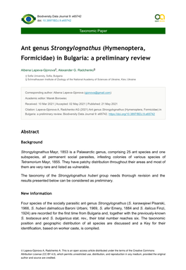 Hymenoptera, Formicidae) in Bulgaria: a Preliminary Review
