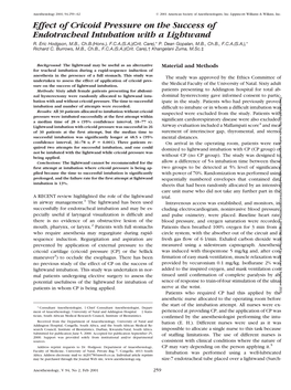 Effect of Cricoid Pressure on the Success of Endotracheal Intubation with a Lightwand R