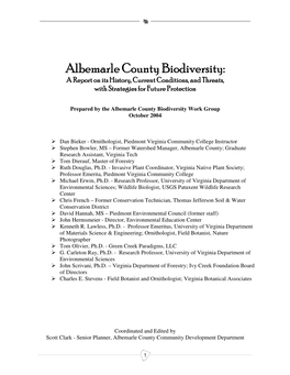 Albemarle County Biodiversity: a Report on Its History, Current Conditions, and Threats, with Strategies for Future Protection