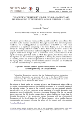 The Scientific, the Literary and the Popular: Commerce and the Reimagining of the Scientific Journal in Britain, 1813–1825