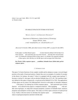 ON ORLICZ SPACES of ENTIRE FUNCTIONS Department of Mathematics, Indian Institute of Technology Kanpur 208 016 , India E-Mail: Ma