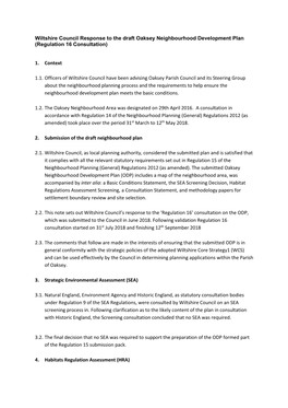 Wiltshire Council Response to the Draft Oaksey Neighbourhood Development Plan (Regulation 16 Consultation)