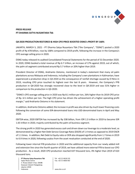 PRESS RELEASE PT DHARMA SATYA NUSANTARA Tbk Q4-2020