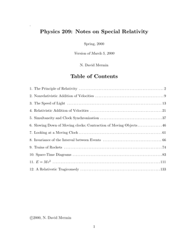 Physics 209: Notes on Special Relativity