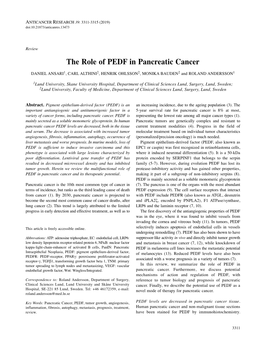 The Role of PEDF in Pancreatic Cancer DANIEL ANSARI 1, CARL ALTHINI 2, HENRIK OHLSSON 2, MONIKA BAUDEN 2 and ROLAND ANDERSSON 1