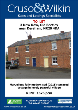 TO LET 3 New Row, Old Beetley Near Dereham, NR20 4DA RENT £575