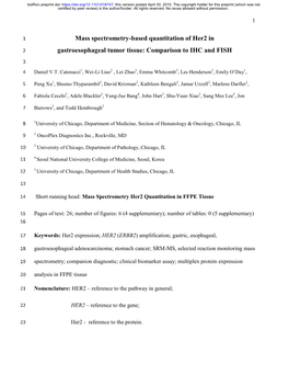 Mass Spectrometry-Based Quantitation of Her2 in 2 Gastroesophageal Tumor Tissue: Comparison to IHC and FISH 3 4 Daniel V.T