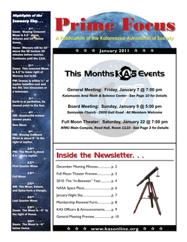 Prime Focusfocus Moon Is 3.5° Above Antares and 14° Below a Publication of the Kalamazoo Astronomical Society Venus