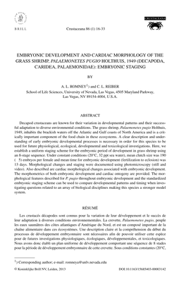 Embryonic Development and Cardiac Morphology of the Grass Shrimp, Palaemonetes Pugio Holthuis, 1949 (Decapoda, Caridea, Palaemonidae): Embryonic Staging