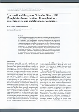 Systematics of the Genus Philautus Gistel, 1848 (Amphibia, Anura, Ranidae, Rhacophorinae): Some Historical and Metataxonomic Comments