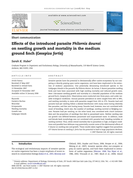 Effects of the Introduced Parasite Philornis Downsi on Nestling Growth and Mortality in the Medium Ground ﬁnch (Geospiza Fortis)