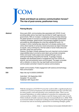 JCOM 20(05)(2021)A03 2 There Are Three Converging Contexts of Branding During the Pandemic That Warrant Consideration