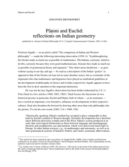 Påˆini and Euclid: Reflections on Indian Geometry* (Published In: Journal of Indian Philosophy 29 (1-2; Ingalls Commemoration Volume), 2001, 43-80)