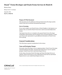 Forms Developer and Oracle Forms Services 6I (Patch 8) Release Notes