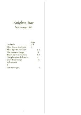 Knights Bar Beverage List