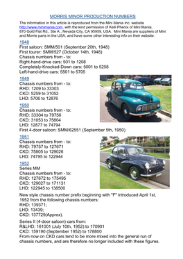 MORRIS MINOR PRODUCTION NUMBERS the Information in This Article Is Reproduced from the Mini Mania Inc