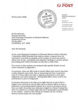 26 November 2008 Mr Kai Swoboda Enquiry Secretary Joint Standing Committee on Electoral Matters Parliament House PO Box 6021