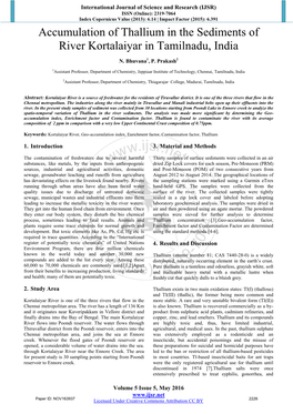 Accumulation of Thallium in the Sediments of River Kortalaiyar in Tamilnadu, India