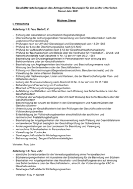 Geschäftsverteilungsplan Des Amtsgerichtes Neuruppin Für Den Nichtrichterlichen Dienst Jahr 2021 Mittlerer Dienst I. Verwaltun