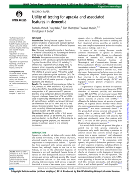 Utility of Testing for Apraxia and Associated Features in Dementia Samrah Ahmed,1 Ian Baker,2 Sian Thompson,3 Masud Husain,1,4 Christopher R Butler1