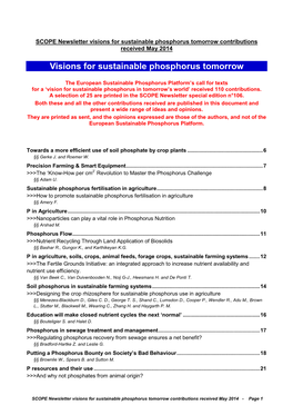 SCOPE Newsletter Visions for Sustainable Phosphorus Tomorrow Contributions Received May 2014