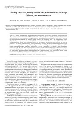 Nesting Substrata, Colony Success and Productivity of the Wasp Mischocyttarus Cassununga