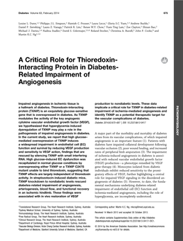 A Critical Role for Thioredoxin- Interacting Protein in Diabetes- Related Impairment of Angiogenesis