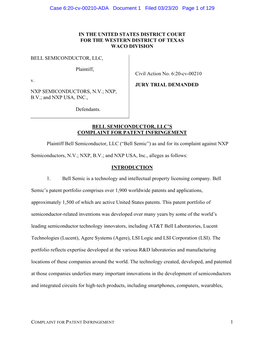 1 in the UNITED STATES DISTRICT COURT for the WESTERN DISTRICT of TEXAS WACO DIVISION BELL SEMICONDUCTOR, LLC, Plaintiff, V