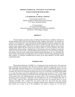 THERMAL HYDRAULIC and SAFETY ANALYSES for PAKISTAN RESEARCH REACTOR-1 by I