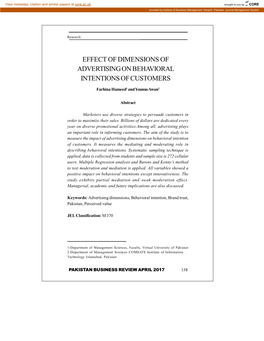 Effect of Dimensions of Advertising on Behavioral Intentions of Customers