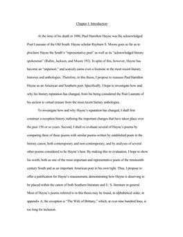 Chapter I: Introduction at the Time of His Death in 1886, Paul Hamilton Hayne Was the Acknowledged Poet Laureate of the Old Sout