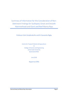 Summary of Information for the Consideration of Non- Detriment Findings for Scalloped, Great and Smooth Hammerhead and Giant and Reef Manta Rays