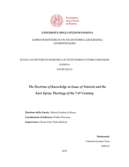 The Doctrine of Knowledge in Isaac of Niniveh and the East Syriac