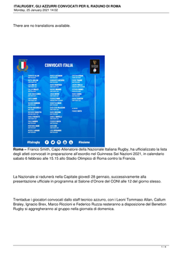 ITALRUGBY, GLI AZZURRI CONVOCATI PER IL RADUNO DI ROMA Monday, 25 January 2021 14:02