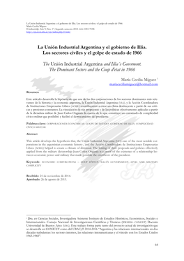 La Unión Industrial Argentina Y El Gobierno De Illia. Los Sectores Civiles Y El Golpe De Estado De 1966 María Cecilia Míguez H-Industri@, Año 9, Nro