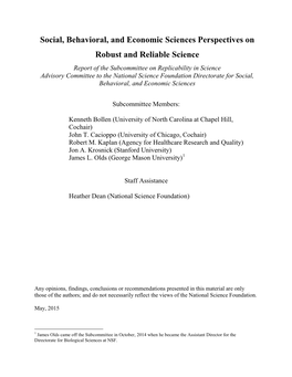 Social, Behavioral, and Economic Sciences Perspectives on Robust and Reliable Science