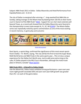 Subject: NBA Finals 2011 in Dallas - Dallas Mavericks and Hotel Performance from Expedia/Hotels.Com - 6.14.11