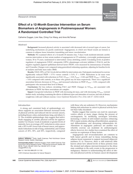 Effect of a 12-Month Exercise Intervention on Serum Biomarkers of Angiogenesis in Postmenopausal Women: a Randomized Controlled Trial