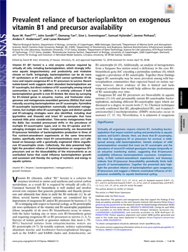 Prevalent Reliance of Bacterioplankton on Exogenous Vitamin B1 and Precursor Availability