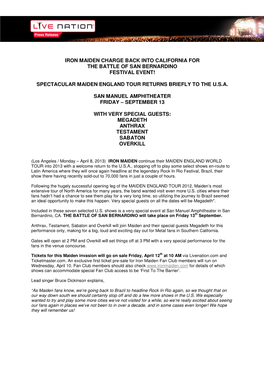 Iron Maiden Charge Back Into California for the Battle of San Bernardino Festival Event! Spectacular Maiden England Tour Returns
