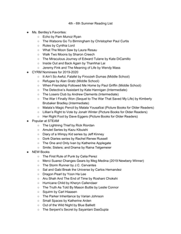 4Th - 6Th Summer Reading List