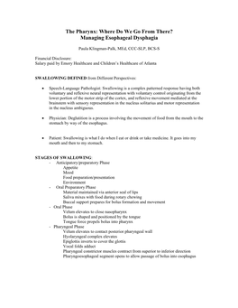 The Pharynx: Where Do We Go from There? Managing Esophageal Dysphagia