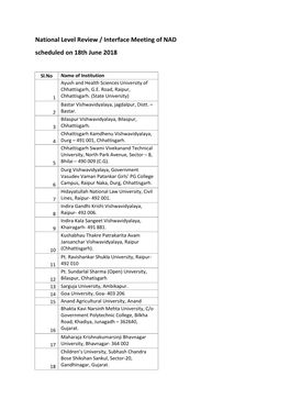 National Level Review / Interface Meeting of NAD Scheduled on 18Th June 2018