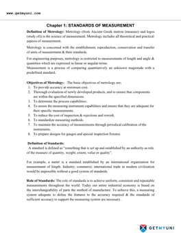 Chapter 1: STANDARDS of MEASUREMENT Definition of Metrology: Metrology (From Ancient Greek Metron (Measure) and Logos (Study Of)) Is the Science of Measurement